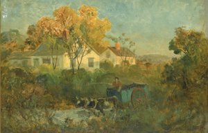 Der Trinkteich, Mann im Wagen mit Ochsen am Teich, 1895 von Edward Mitchell Bannister