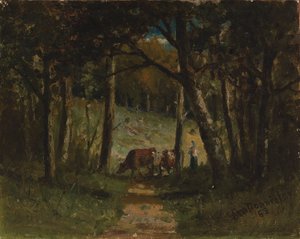 Ohne Titel (Kühe auf einem Pfad im Wald)
