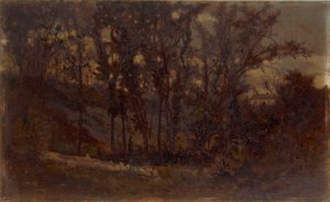 Ohne Titel (Waldszene, umgestürzter Baum im Vordergrund und Haus im Hintergrund)