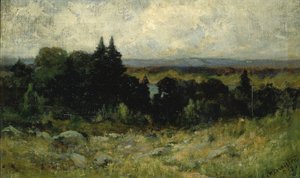 Ohne Titel (Landschaft, Felder mit Felsen und Bäumen) von Edward Mitchell Bannister