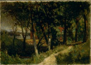 Ohne Titel (Landschaft, Waldszene mit rotem Zaun und Gebäude)
