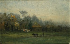 Ohne Titel (Landschaft mit Mann, der Felder pflügt) von Edward Mitchell Bannister