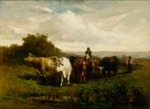 Ohne Titel (Mann zu Pferd, Frau zu Fuß treibt Vieh) von Edward Mitchell Bannister