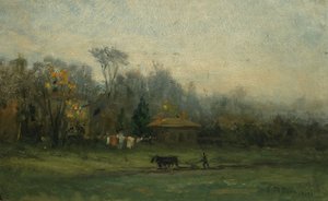 Unbetitelte Landschaft mit Mann, der Felder pflügt, n.d. von Edward Mitchell Bannister