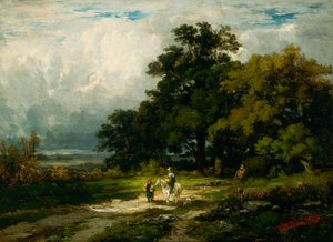 Ohne Titel: Mann auf Pferd mit Frau und Hund von Edward Mitchell Bannister