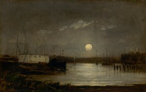 Mond über einem Hafen, Hafenszene mit Vollmond und Bootsmasten, ca. 1868