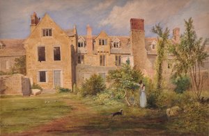 In Nottingham (Rückseite von Steingebäuden mit Frau, Hund und Gartenwalze) von Edward Pretty