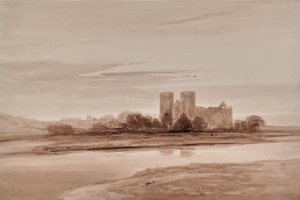 Landschaft mit Kirche und Fluss oder See