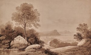 Landschaft mit See und Hütte