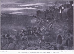 Die Coldstreams verteidigen einen entgleisten Zug, Illustration aus After Pretoria: The Guerilla War, 1902 von Edward Read