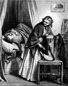 Eine Vermieterin stellt sicher, dass ihr kranker Mieter Geld oder Eigentum hat, um seine Miete zu bezahlen von Edward Robert Hughes