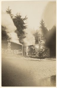 Als die grellen Flammen höher stiegen, malten sie das Meer, das am Fuße eines gespenstischen Waldes leckte, scharlachrot von Edward S. Curtis