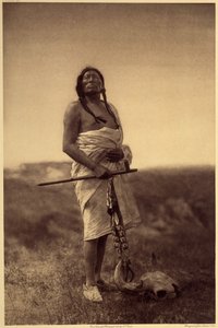 Männlicher Arzt. Wahrscheinlich Sioux, Tintenfisch in der Hand und Büffelschädel zu seinen Füßen. von Edward Sheriff Curtis