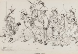 Dan Leons Leichte Kavallerie, einschließlich Karikaturen von Henry Irving, Beerbohm Tree, R.B., W.S. Penley, Forbes Robertson und E.P., für Punch, November 1902 von Edward Tennyson Reed