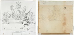Die Postkutsche für parlamentarische Zwecke (recto) Studie für Kabine und vorderes linkes Rad der Kutsche und Studie für Kopf der gekrönten Figur, die auf der Kutsche sitzt (verso)