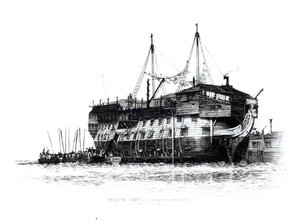 Gefängnisschiff im Hafen von Portsmouth: Sträflinge gehen an Bord, 1828