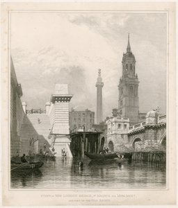 Stufen der neuen London Bridge, St. Magnus, das Monument und ein Teil der alten Brücke von Edward William Cooke