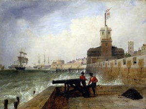 Der Semaphorturm am Eingang zum Hafen von Portsmouth (England), auf der Salvation Platform, mit zwei Soldaten, die auf der Mauer neben einer Kanone sitzen, im Hintergrund, Beschreibung der Stadt und des Piers mit dem runden Turm von Edward William Cooke