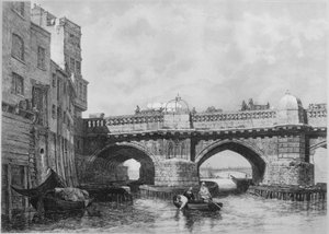 Das Southwark-Ende der alten London Bridge, 1831 von Edward William Cooke
