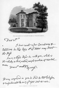 Ein Brief von Edward Young und ein Blick auf seine Residenz in Welwyn, Hertfordshire, 1740er Jahre, 1840