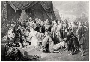 Die Kapitulation von Calais, 4. August 1347, graviert von John Young von Edward after Bird