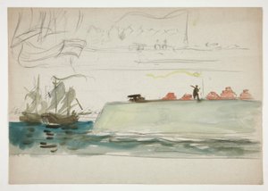 Boote auf See: Schlachtschiff im Vordergrund, Segelboot in der Ferne - (unidentifizierte Illustration) von Edwin Austin Abbey