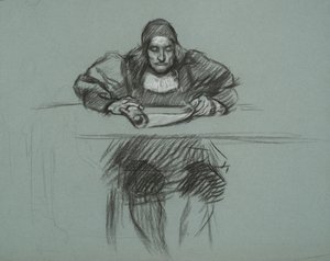 Figur für den Prozess von Königin Katherine. Schreiber am Schreibtisch von Edwin Austin Abbey