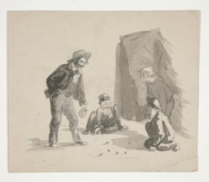 Vier Jungen spielen Murmeln (recto); Unidentifizierte Illustration eines Jungen am Staffelei im Innenraum (verso) von Edwin Austin Abbey