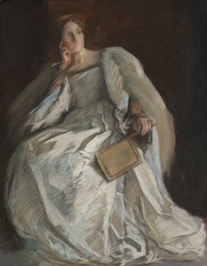 Dame in Weiß sitzt. Rechte Hand am Kinn. Fächer haltend. von Edwin Austin Abbey