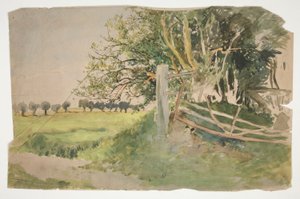 Landschaft mit Bäumen und kaputtem Zaun von Edwin Austin Abbey