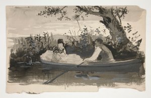 Mann und Frau im Ruderboot, nahe dem Flussufer - nicht identifizierte Illustration von Edwin Austin Abbey