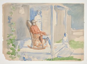 Mann im Schaukelstuhl auf der Veranda mit seiner Frau und seinem Kind - nicht identifizierte Illustration von Edwin Austin Abbey