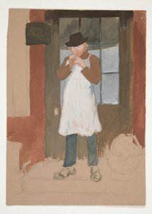 Mann zündet eine Pfeife an der Tür an - nicht identifizierte Illustration von Edwin Austin Abbey