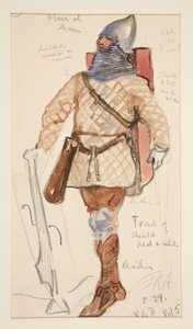 Bewaffneter Mann, Kostümskizze für Henry Irving von Edwin Austin Abbey