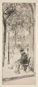 Mann auf Parkbank - nicht identifizierte Illustration von Edwin Austin Abbey