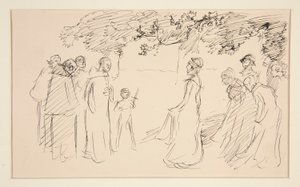 Menschen in mittelalterlicher Kleidung, draußen - nicht identifizierte Illustration von Edwin Austin Abbey
