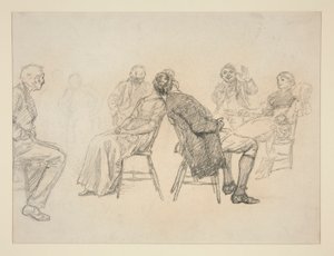 Skizze eines Paares, das ein Spiel spielt, umgeben von Zuschauern, in einem Innenraum (?) - nicht identifizierte Illustration von Edwin Austin Abbey