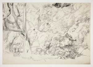 Skizze einer Landschaft mit Baum, Zaun und weiblicher Figur von Edwin Austin Abbey