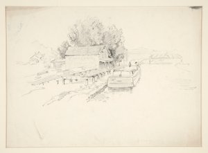 Skizze eines Piers mit Fischerboot und Hafenspeicher