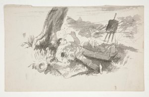 Skizze eines Freiluftmalers, der unter einem Baum ein Nickerchen macht - nicht identifizierte Illustration von Edwin Austin Abbey