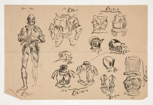 Skizzen von Rüstungen, mit Preisen in britischen Pfund unter jedem Artikel von Edwin Austin Abbey