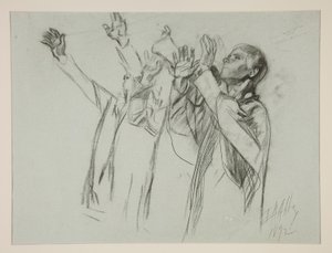 Studie für Die Artusrunde und die Fabel vom gefährlichen Sitz, aus Die Suche nach dem Heiligen Gral (dritte einer Serie von fünfzehn Gemälden für die Boston Public Library, abgeschlossen 1901) von Edwin Austin Abbey