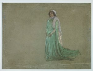 Studie, Frau im langen grünen Kleid, rosa Schal von Edwin Austin Abbey