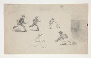Drei Studien (Männer mit Pferden, Kopfstudie) (recto); Sechs Studien von laufenden Figuren, Studie eines Glockenturms (verso)
