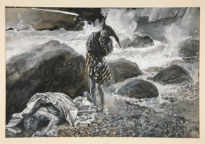 Trinculo und Caliban, Illustration für Akt II, Szene ii, Der Sturm von Edwin Austin Abbey