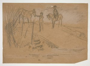 Zwei Männer und zwei Pferde in einer Landschaft - nicht identifizierte Illustration von Edwin Austin Abbey