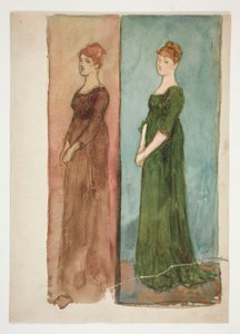Zwei Skizzen einer Frau (in Rot gekleidet, in Grün) - Kostümstudien für ein Theaterstück? von Edwin Austin Abbey