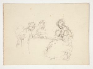 Unidentifizierte Illustration - Studie von Figuren an einem Tisch. Sitzender Mann auf der Rückseite. von Edwin Austin Abbey