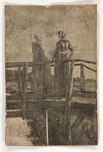Unbetitelter Holzschnitt von E.A. Abbey (?) von zwei Damen auf einer Holzbrücke - Illustration für William Black von Edwin Austin Abbey