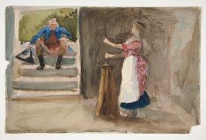 Frau beim Buttern, Mann in Revolutionskleidung beobachtet - (unidentifizierte Illustration) von Edwin Austin Abbey
